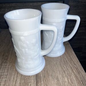 Vintage Milk Glass Tavern Scene Beer Mugs Set of 2 | embossed